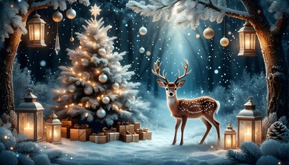 This enchanting illustration is perfect for holiday greeting cards, festive website banners, seasonal advertising, or as a background for Christmas-themed print materials.