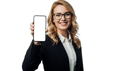Businesswoman in suit presenting blank smartphone screen with a smile background transparent