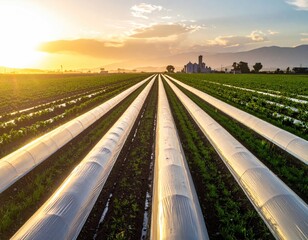 Crops under low tunnels, golden hour, distant buildings