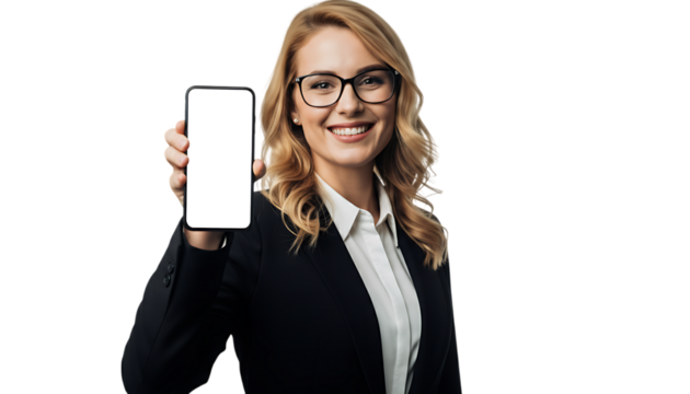 Businesswoman in suit presenting blank smartphone screen with a smile background transparent - Powered by Adobe