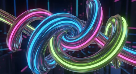 Abstract metallic spirals with neon lights in pink blue and green on a dark background design element