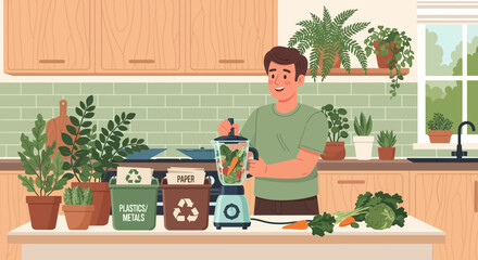 Eco-Conscious Man Blending Fresh Produce in a Green Kitchen Environment