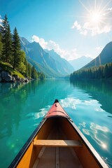 A vibrant summer scene featuring a canoe gliding peacefully across a calm lake under a bright sunny sky Perfect for travel, adventure, and relaxation themes , canoe, bright