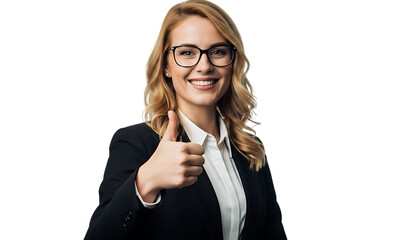 Portrait of a smiling woman with glasses giving a thumbs up gesture background transparent