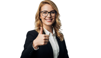 Portrait of a smiling woman with glasses giving a thumbs up gesture background transparent