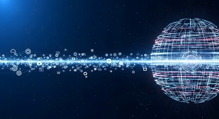 Global network connectivity concept with data points and glowing lines, futuristic technology background.