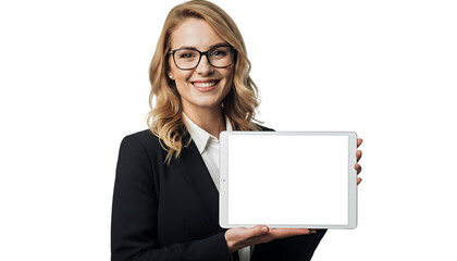 Smiling woman with glasses holding a blank tablet in front of a black wall background transparent