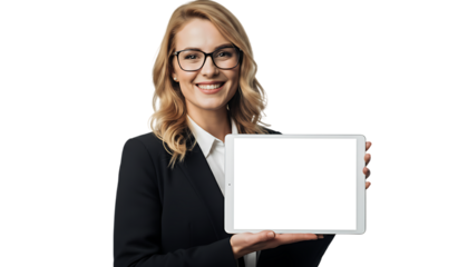 Smiling woman with glasses holding a blank tablet in front of a black wall background transparent