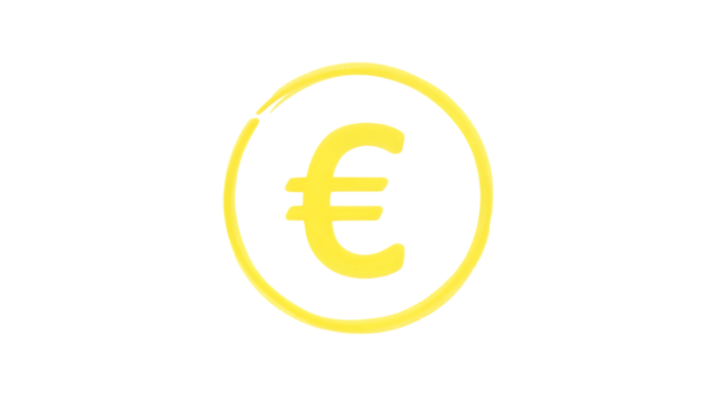 Yellow Euro Currency Symbol, within a Circular Outline, isolated on a transparent background, cutout, PNG