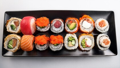 overhead shot of assorted sushi rolls artfully arranged on a matte black plate against a stark white background