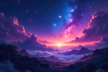 Ethereal celestial landscape at twilight, swirling nebulae paint a mystical sky Stars gleam, adding to the otherworldly atmosphere Perfect for fantasy, sci-fi, or spiritual projects , magical, blue
