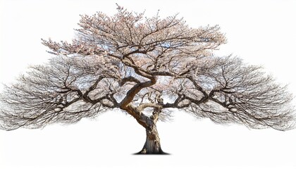 bare cherry blossom tree with twisted branches on white background