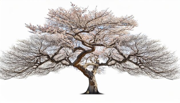 bare cherry blossom tree with twisted branches on white background