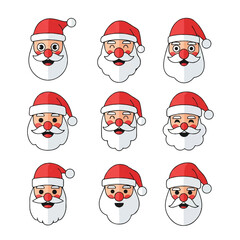 Collection of Santa Claus Faces with Red Hats and White Beards.