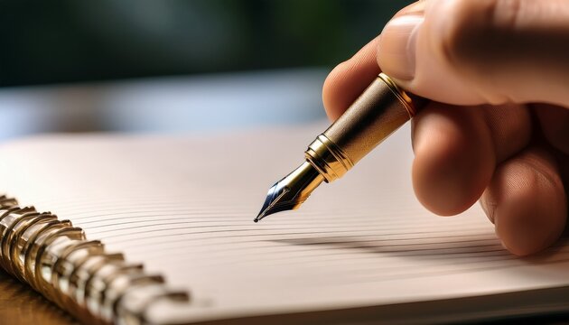 writing in journal using fountain pen conceptual shot of someone writing on paper with a nib pen on an open notebook focused on the golden fountain pen tip