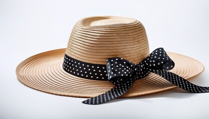wide brimmed straw hat with a black and white polka dot ribbon tied in a bow