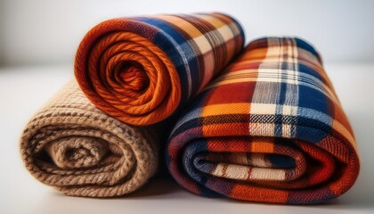 a tightly rolled plaid blanket with red orange blue and beige hues showcasing a soft woolen texture