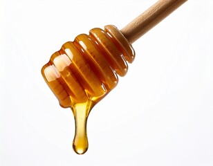 honey dripping from dipper on white background