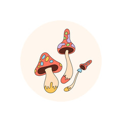 Groovy psychedelic mushroom sticker in colorful cartoon graphic style forms a magic circle lid. Retro shroom art as fantasy package element, playful y2k symbol for a unique and creative package