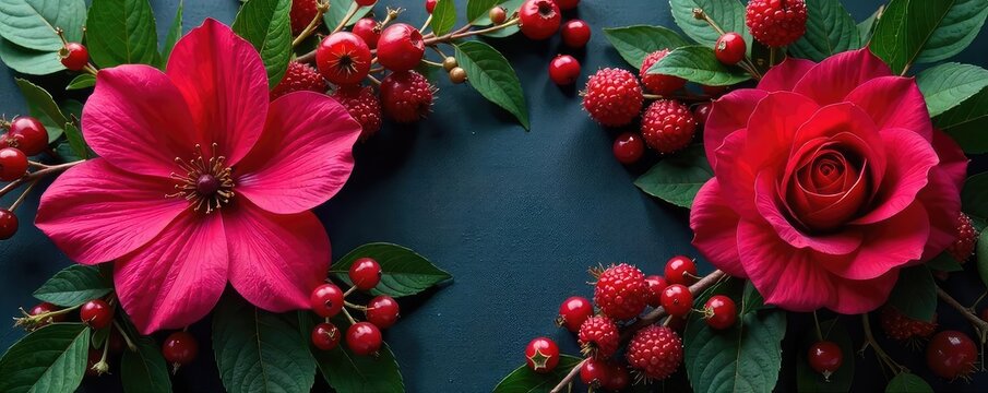 Luxurious arrangement of velvety petals, ripe berries, and lush foliage; a symphony of textures and scents evoking indulgence and delight , beauty, sophisticated, scents