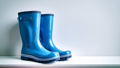a pair of bright blue rubber rain boots rests on a white shelf against a plain white wall the boots are positioned close to the camera with a shallow depth of field that blurs the background
