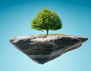a small verdant tree thrives atop a floating textured rock island against a pale blue backdrop