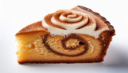a slice of coffee cake with a cinnamon swirl on a white background