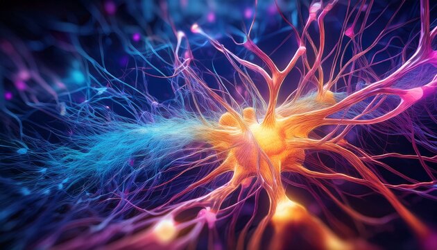 vns vagus nerve stimulation represented by vibrant colors and flowing energy with a blurred background emphasizing its complexity