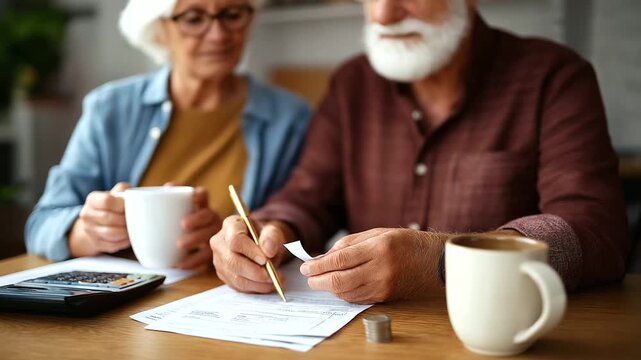 Senior couple managing home finances with documents top down receipts and calculator mugs torsos elder budgeting faceless no visible faces home table with copy space