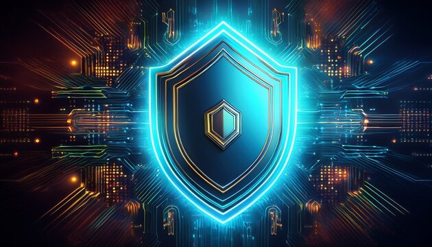cybersecurity shield with digital circuitry and vibrant energy flow
