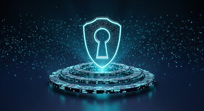 Cybersecurity Shield Protection and Data Security Illustration for a Digital World with a Glowing Keyhole on a Futuristic Platform - Powered by Adobe