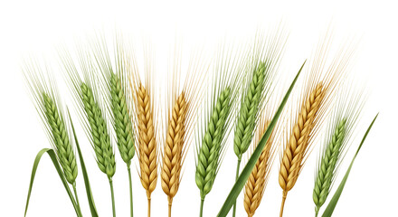 A collection of ripe golden and unripe green wheat or barley stalks, with long awns, isolated on a transparent background, cutout, PNG