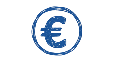 Blue hand drawn euro symbol, inside a circle, isolated on a transparent background, cutout, PNG