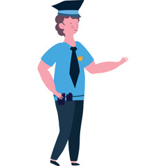 Woman Police Officer Standing Confidently in Blue Uniform with Black Tie and Hat Hand Gesturing Rightward in Studio Lighting