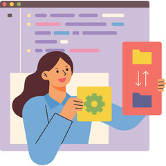 Woman Holding Gear Icon and Folder Display Showing Data Transfer with Coding Screen Background and Purple Interface