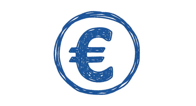 Blue hand drawn euro symbol, inside a circle, isolated on a transparent background, cutout, PNG