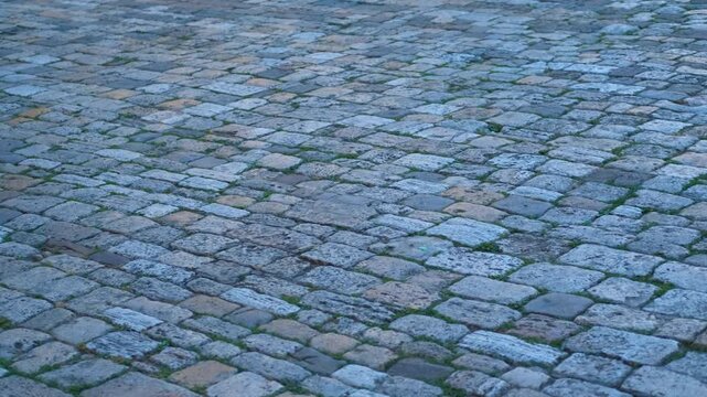 Old cobblestone pavement street. Historic old town street with ancient cobblestone paving blocks, revealing the stone texture and pattern with grass growing between the cracks on a historic path