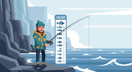 Fototapeta premium Cartoon fisherman standing by the ocean with fish measuring guide illustration