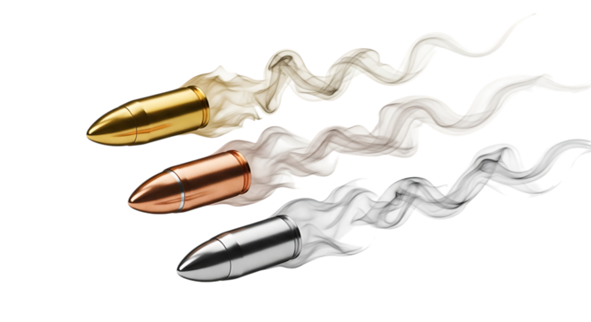 Three bullets, in gold copper and silver with trailing smoke effects, isolated on a transparent background, cutout, PNG
