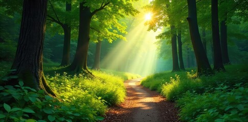 Fototapeta premium Sun-dappled path winds through lush green forest, sunlight filtering through leaves, creating a magical atmosphere Perfect for nature, travel, and fantasy themes , moss, peaceful, path