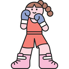 Stylized cartoon illustration of a young girl in a boxing stance wearing a red leotard blue boxing gloves and pink boxing shoes with a proud expression on her face and hair in a brown ponytail on a