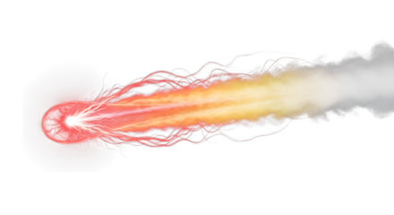 Glowing red energy orb, with fiery trails and white smoke plume, isolated on a transparent background, cutout, PNG