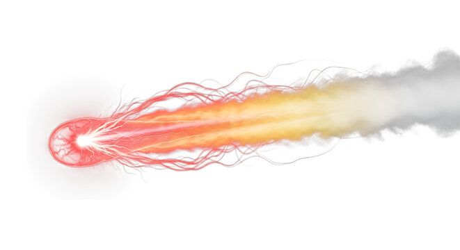 Glowing red energy orb, with fiery trails and white smoke plume, isolated on a transparent background, cutout, PNG - Powered by Adobe