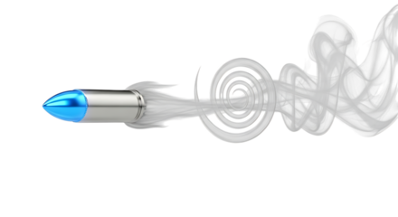 Silver bullet, with blue tip trailing white smoke and concentric circles, isolated on a transparent background, cutout, PNG