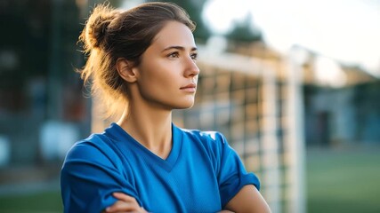 Young female athlete on football field in uniform torso shot with head turned away goalposts blurred sports confidence faceless no visible faces soccer with copy space - Powered by Adobe