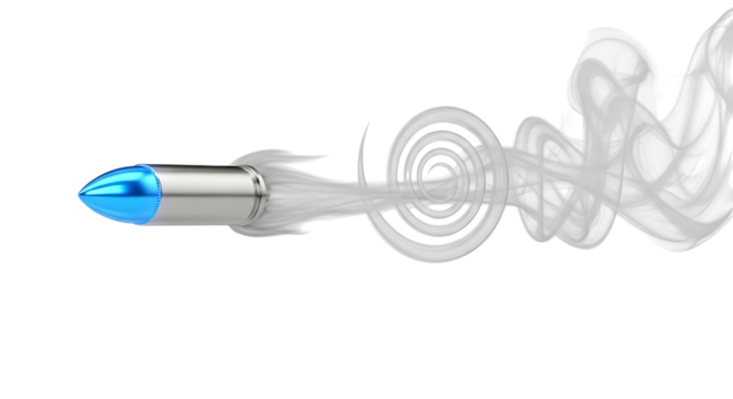 Silver bullet, with blue tip trailing white smoke and concentric circles, isolated on a transparent background, cutout, PNG - Powered by Adobe