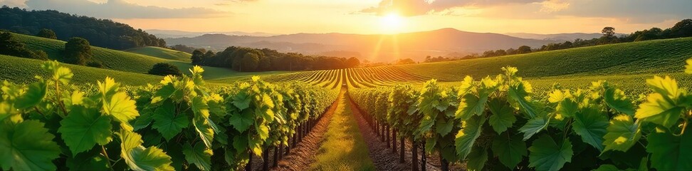 Naklejka premium Sun-drenched rows of grapevines stretching across a picturesque vineyard, ready for harvest Lush foliage and rolling hills create a stunning landscape , wine grapes, rows of vines