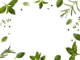 frame / border PNG Food design element. Spices and herbs with real transparent shadow on transparent background. Variety of spices and mediterranean herbs