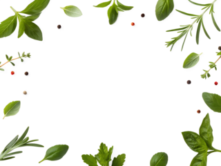 frame / border PNG Food design element. Spices and herbs with real transparent shadow on transparent background. Variety of spices and mediterranean herbs