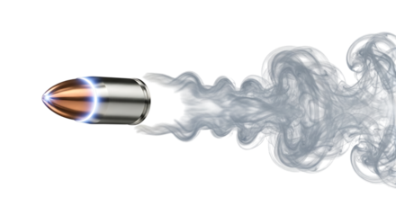 Metallic Bullet, with Copper Tip Emitting Blue Light and White Smoke Trail, isolated on a transparent background, cutout, PNG
